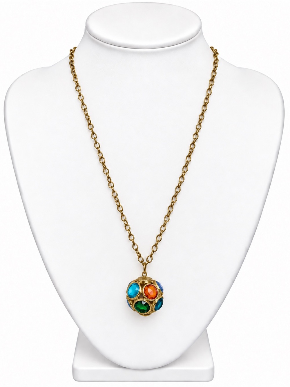 Vintage Multicolor MCM Gold-tone Orb Pendant Long Necklace Colorful Gems 70s